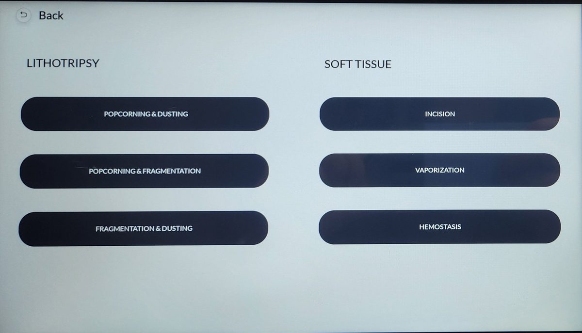 Thulium Duo touchscreen showing lithotripsy and soft tissue treatment presets